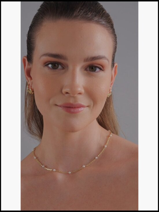Solid 18K Yellow Gold Pink Pearl Station Necklace - Dainty  Dainty Pearl Station Choker Necklace - Gold Plated Lobster Clasp Adjustable